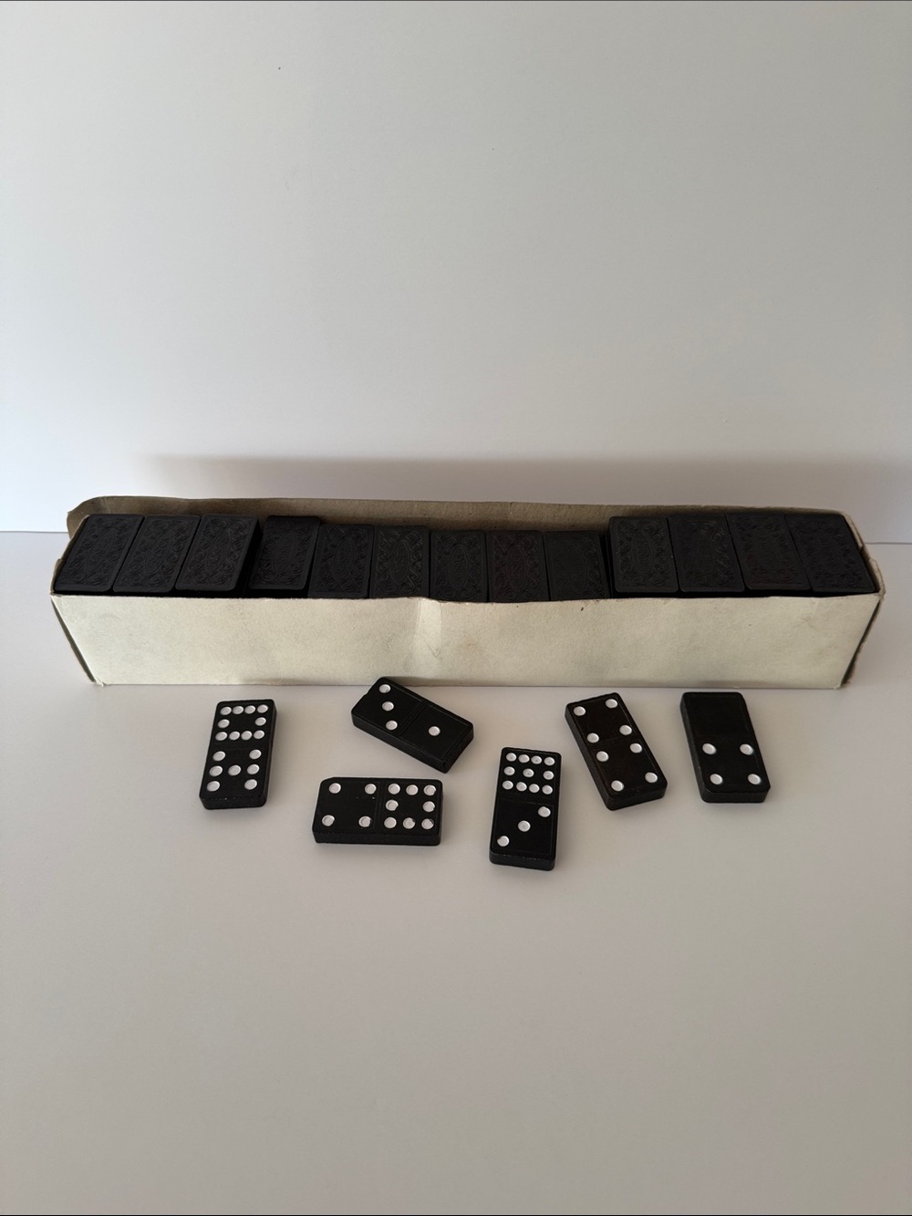Vtg Double Twelve Dominoes Set - Complete 91 Pcs White Dots Black Tiles